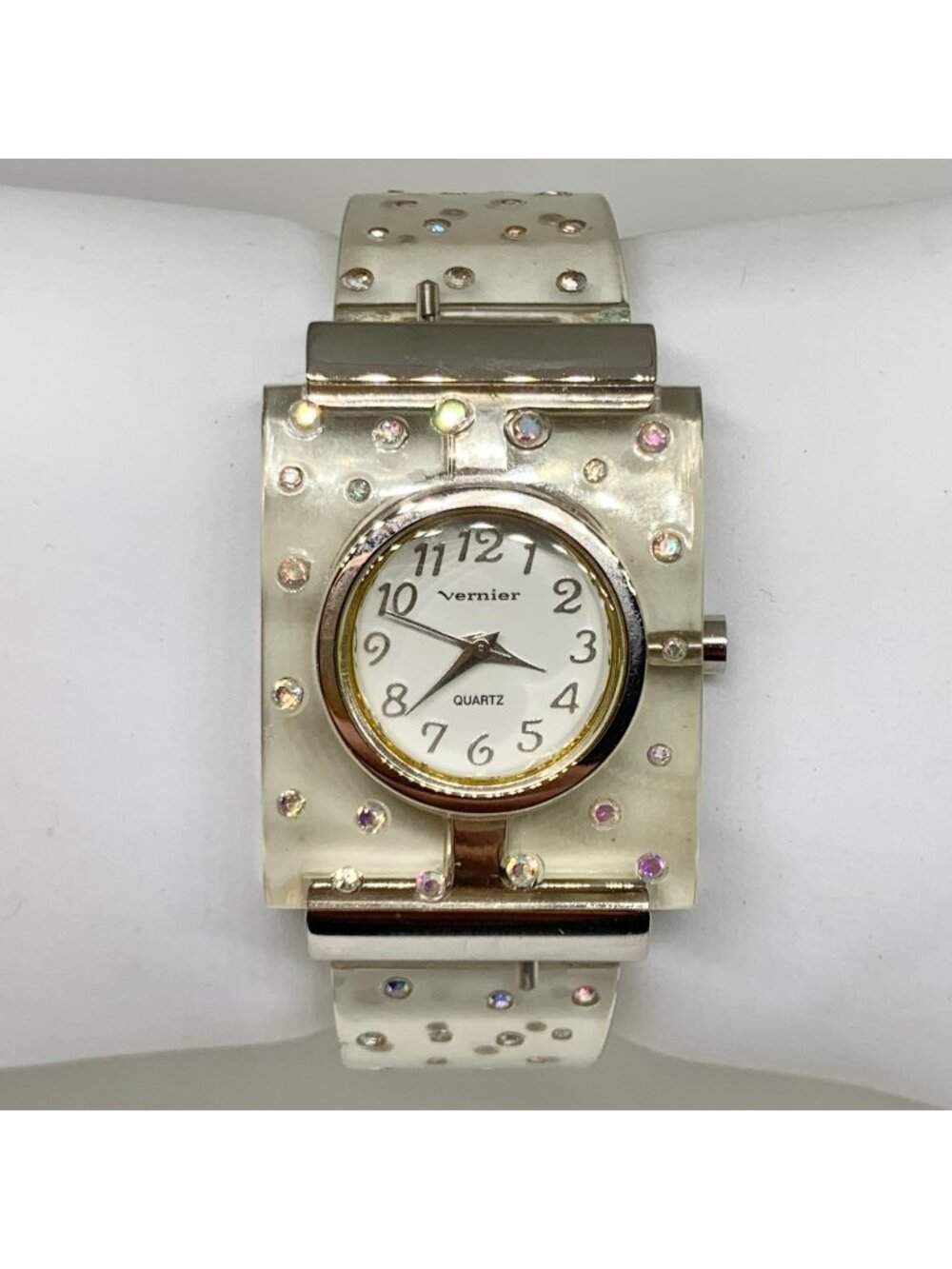 Vernier women’s cuff bracelet watch clear silver tone rhinestones 28mm running